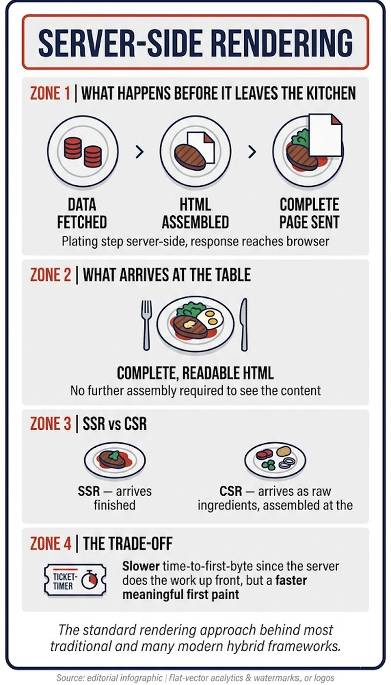 Server-side rendering versus prerendering: rebuilding fresh per request versus serving a cached snapshot