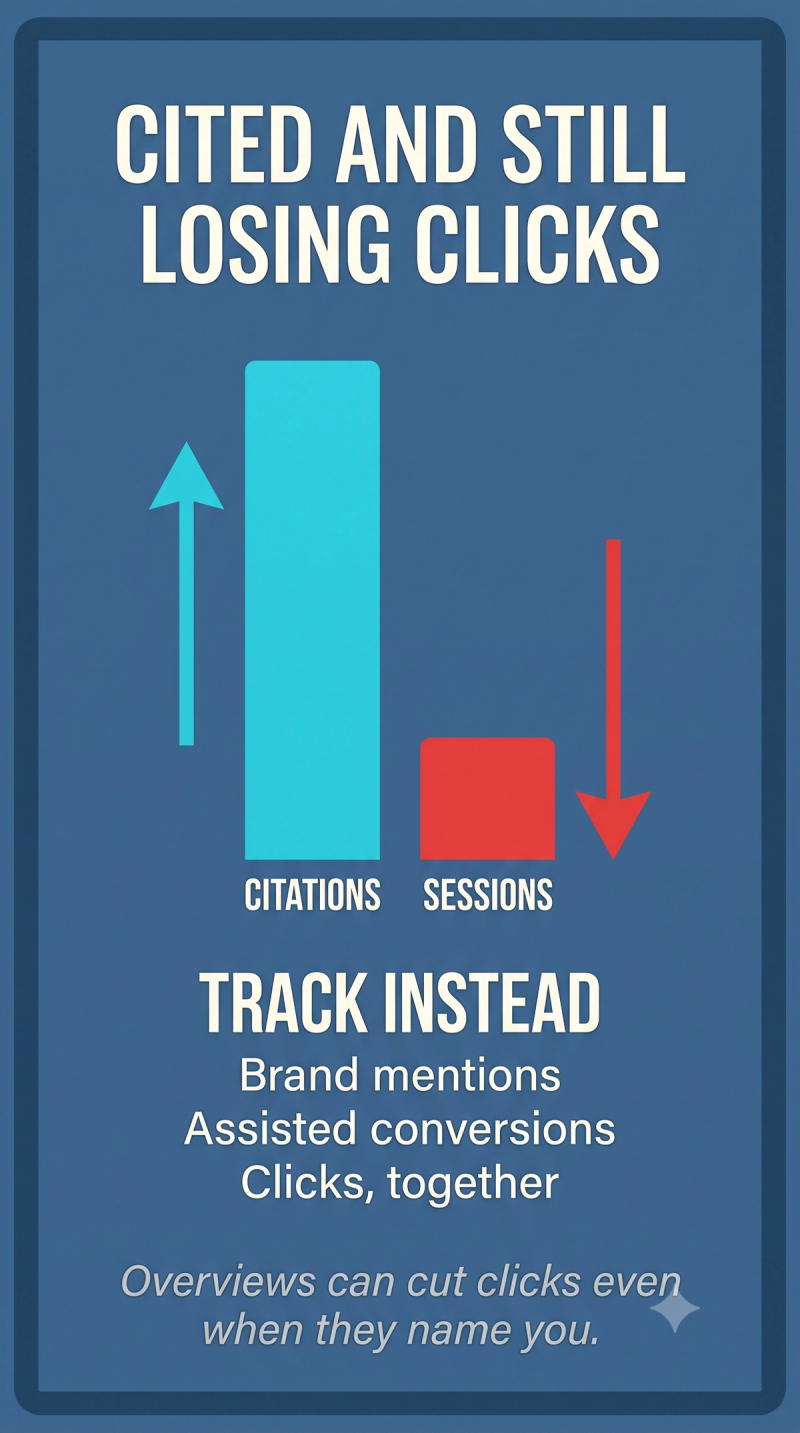 Card showing AI Overview citations can rise while sessions fall, and what to measure instead