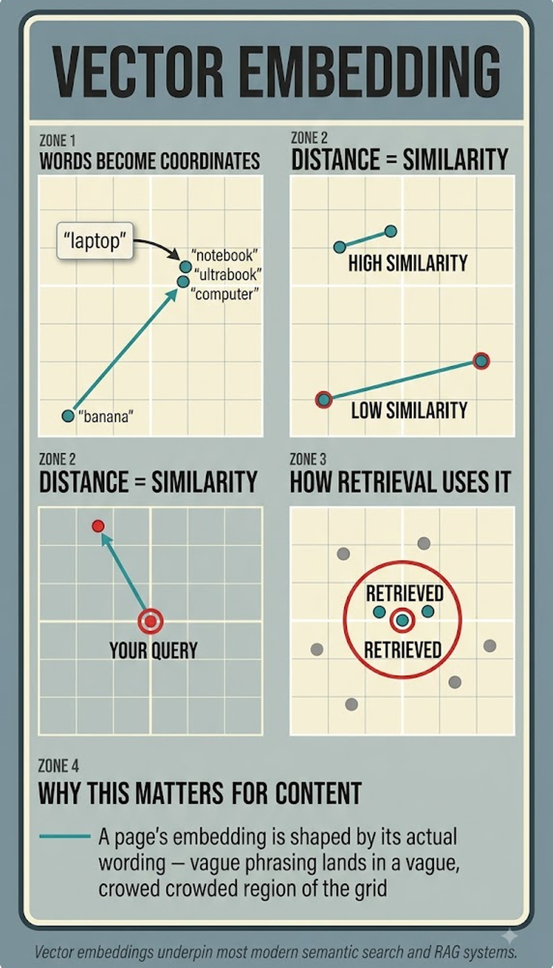Cosine similarity: measuring the angle between two vectors to score how close their meaning is