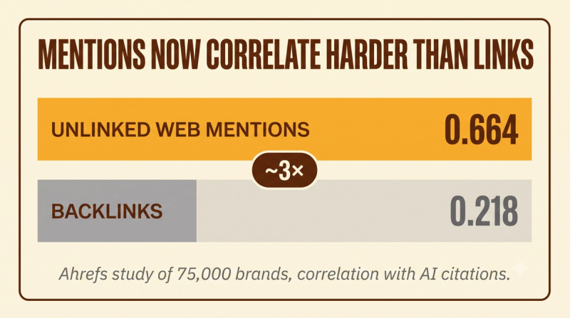 Stat card showing unlinked brand mentions correlate with AI citations at 0.664 versus 0.218 for backlinks