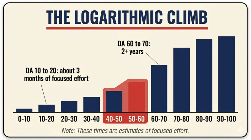 Bar chart showing why climbing from Domain Authority 60 to 70 takes far longer than climbing from 10 to 20