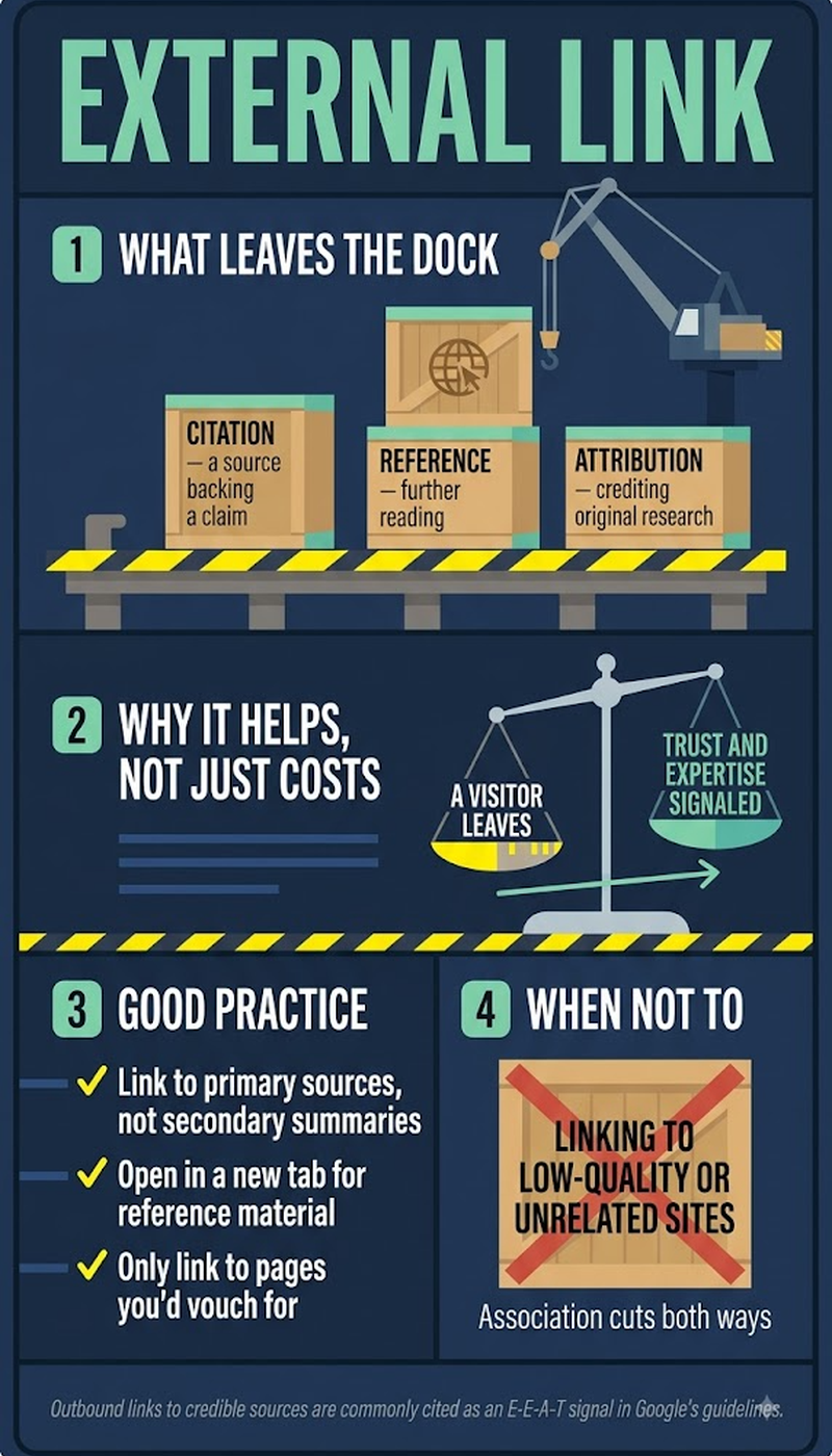 Infographic showing the 3-to-5 outbound link range where ranking benefit stops compounding