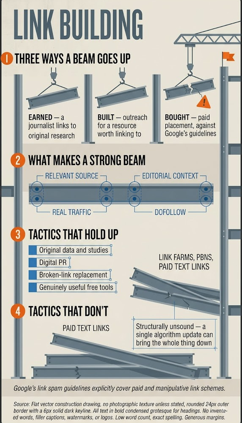 Link building tactics ranked by effectiveness: digital PR leads, followed by guest posting and linkable assets