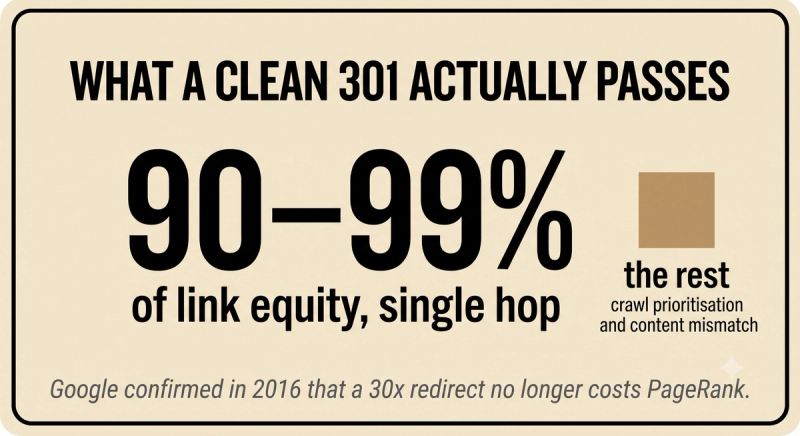 Stat card showing a single-hop 301 redirect passes roughly 90 to 99 percent of link equity