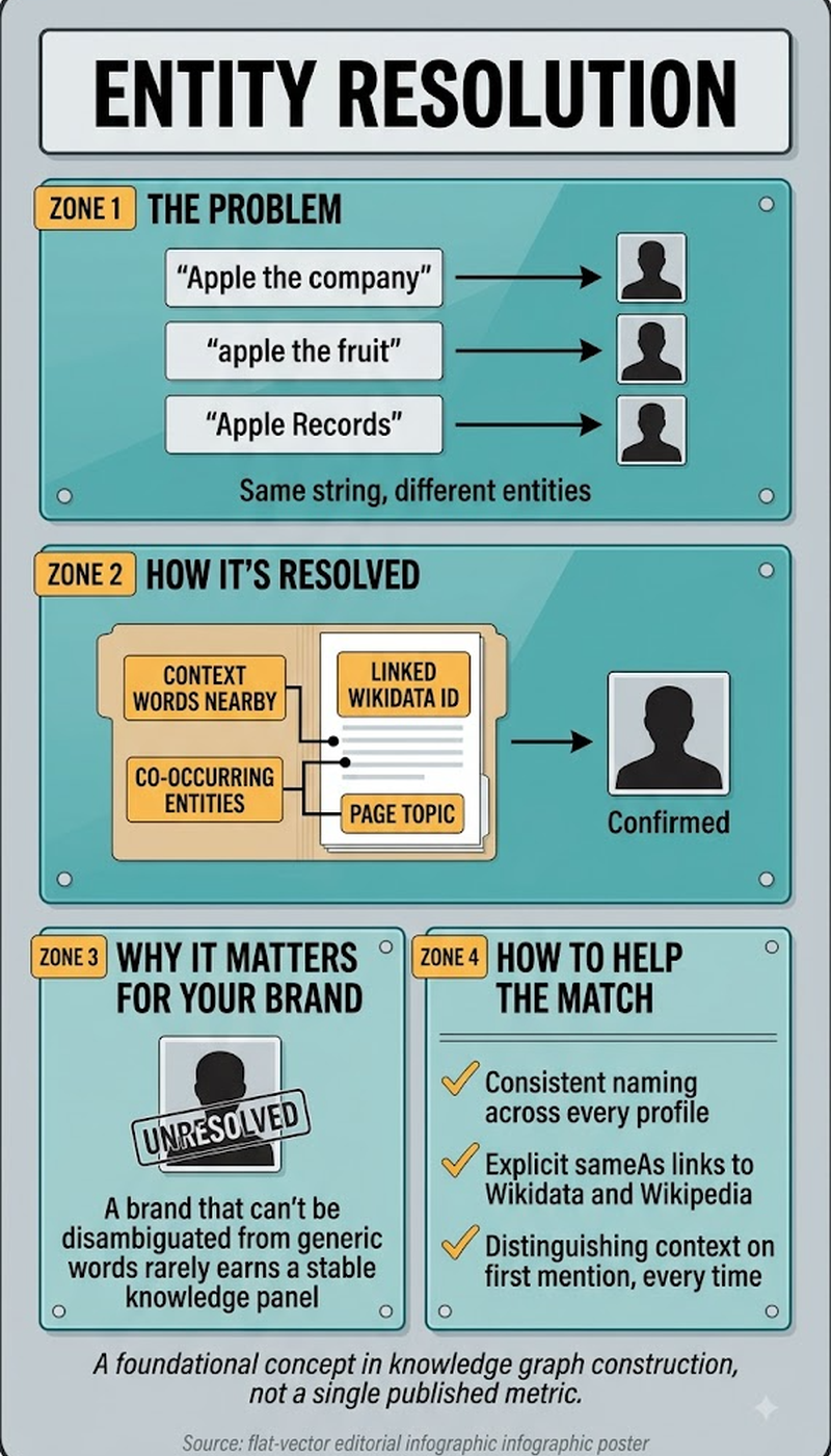 Infographic showing how duplicate profile mentions resolve into one entity via sameAs links