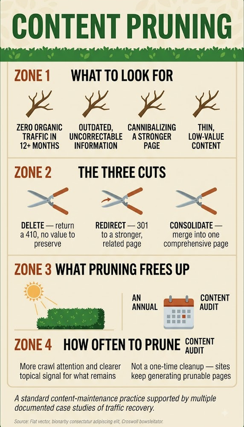 Infographic showing the four content pruning decisions: update, merge, redirect, or remove