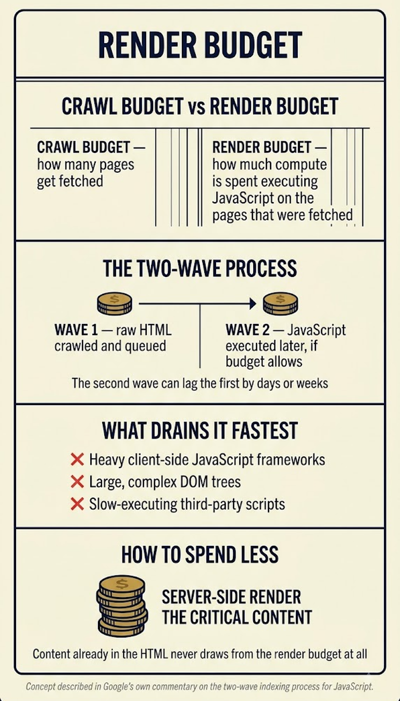 Two-wave indexing: raw HTML processed first, JavaScript execution queued separately for the second pass
