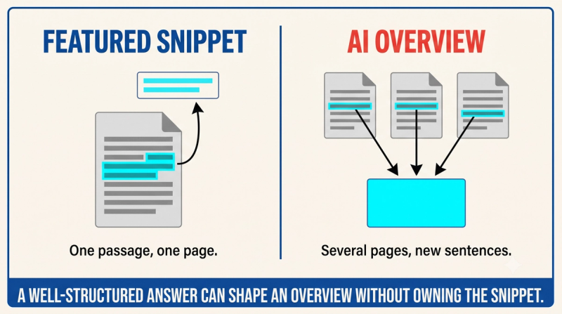 Comparison card showing a featured snippet lifts one passage while an AI Overview blends several pages
