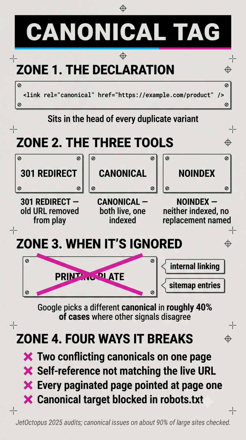 Infographic on canonical tags covering the syntax, canonical versus redirect versus noindex, and the four common mistakes