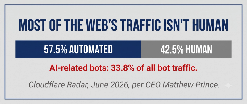 Stat card showing automated requests make up 57.5 percent of HTML traffic with AI bots at 33.8 percent of bot traffic