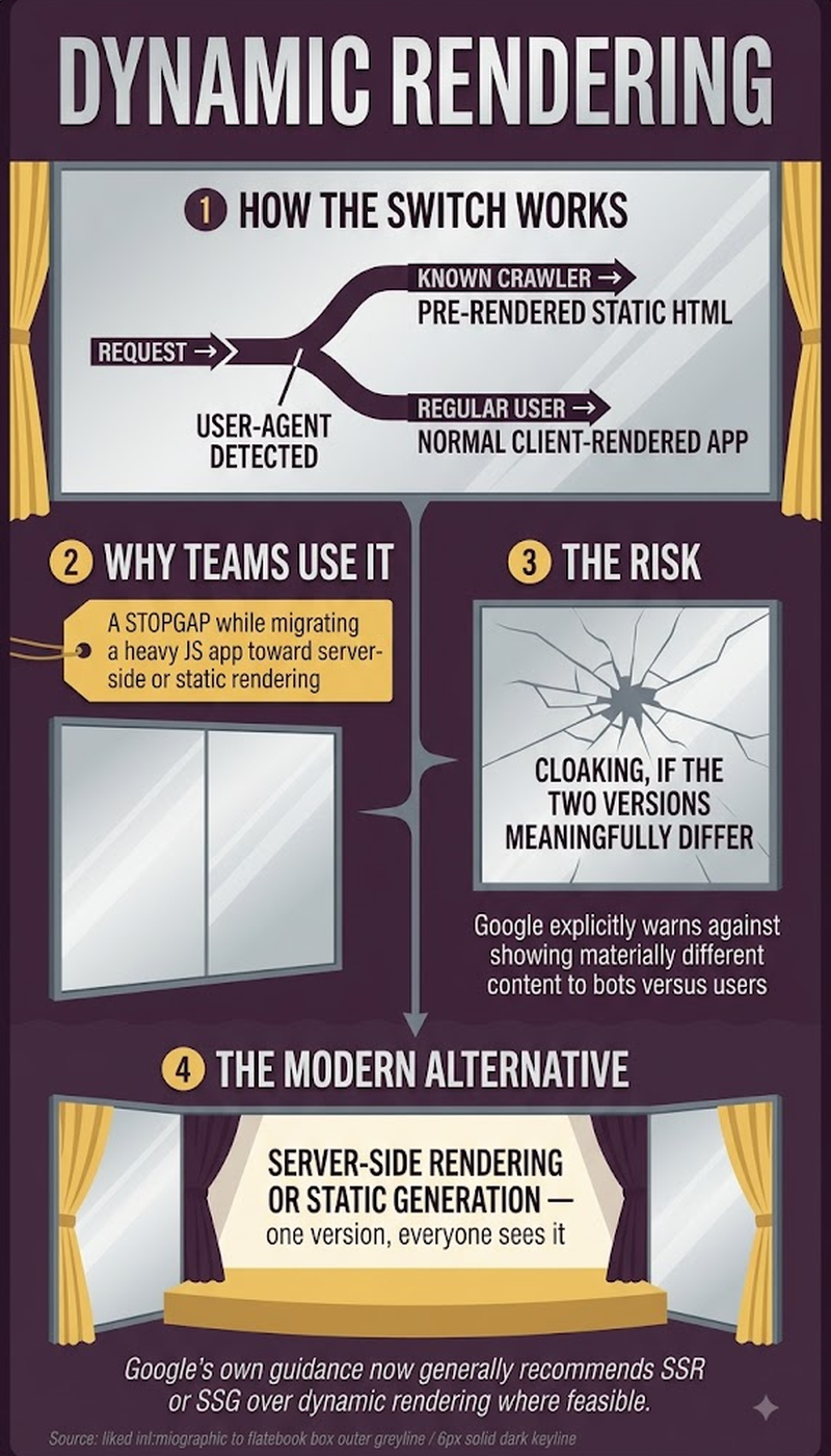 Infographic showing how dynamic rendering routes crawlers and humans to different rendering paths