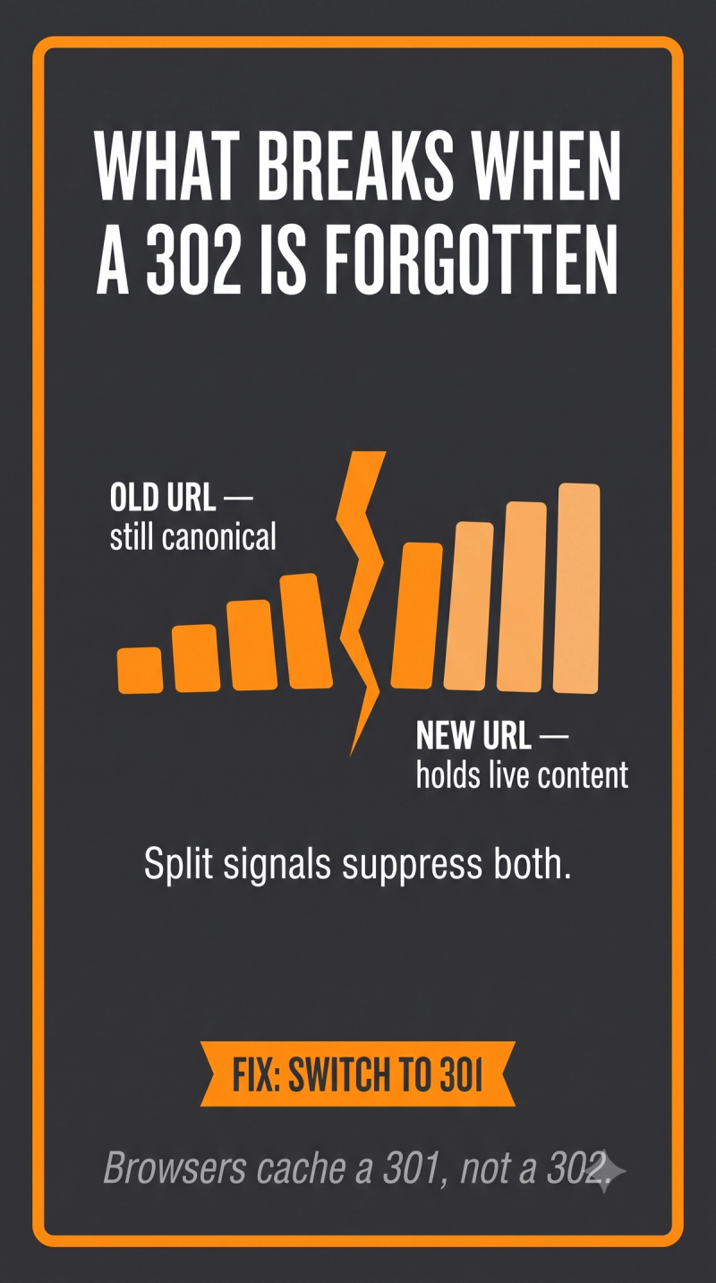 Card showing how a forgotten 302 redirect splits ranking signals between the old and new URL