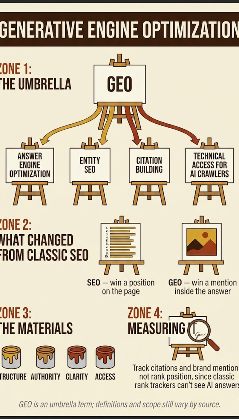 Funnel diagram from web page to AI citation: crawl, retrieve, rank, cite