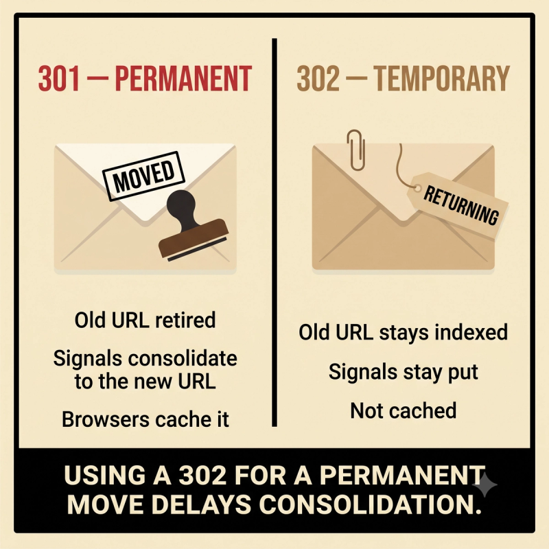 Side-by-side comparison of 301 permanent redirects and 302 temporary redirects and how each handles ranking signals