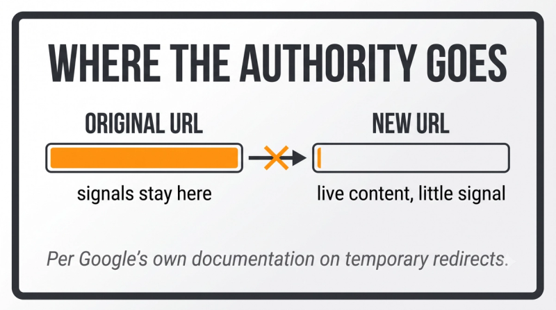 Stat card showing a 302 redirect keeps ranking authority on the original URL rather than passing it forward