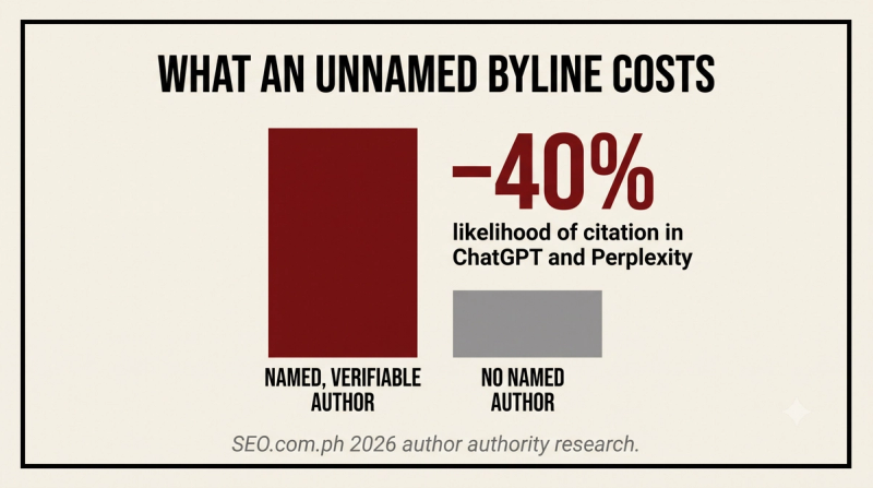 Stat card showing pages without a named author are roughly 40 percent less likely to be cited by ChatGPT and Perplexity