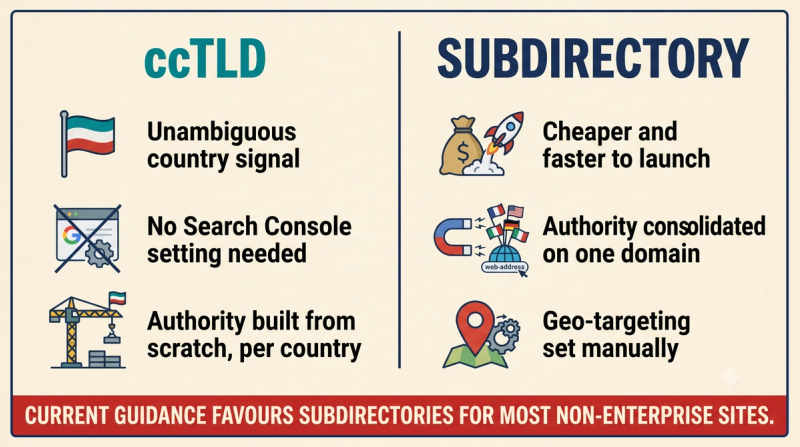 Comparison card weighing ccTLDs against subdirectories for cost, speed, and consolidated authority