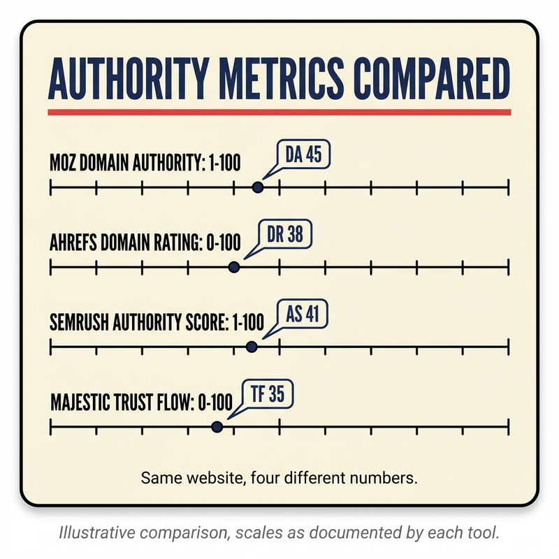 Chart comparing Domain Authority, Domain Rating, Authority Score, and Trust Flow scales for the same website