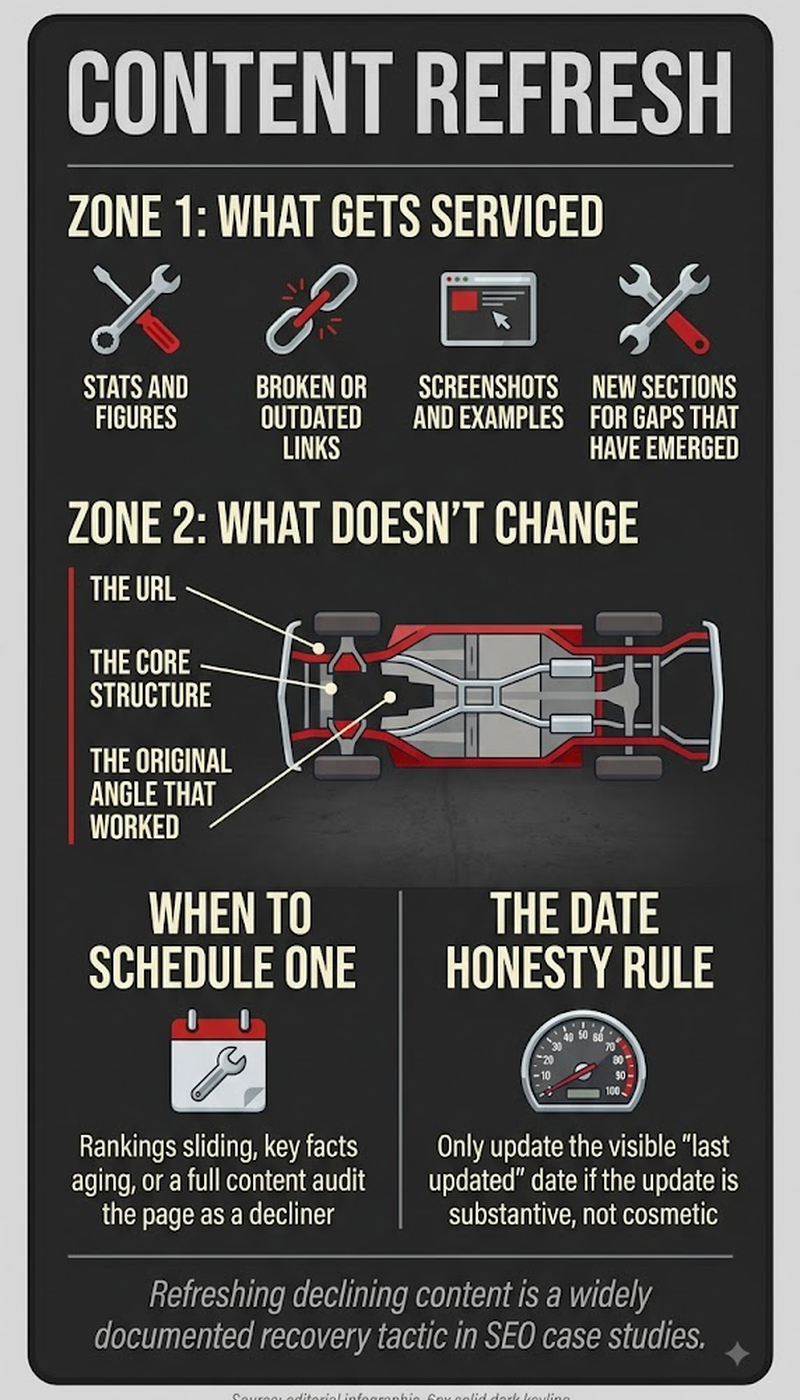 Infographic on how to run a content refresh, from audit to republishing