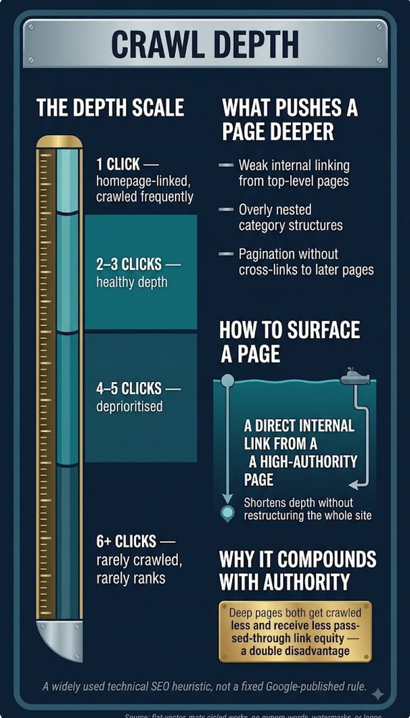 Infographic on how site architecture and internal linking shape crawl depth
