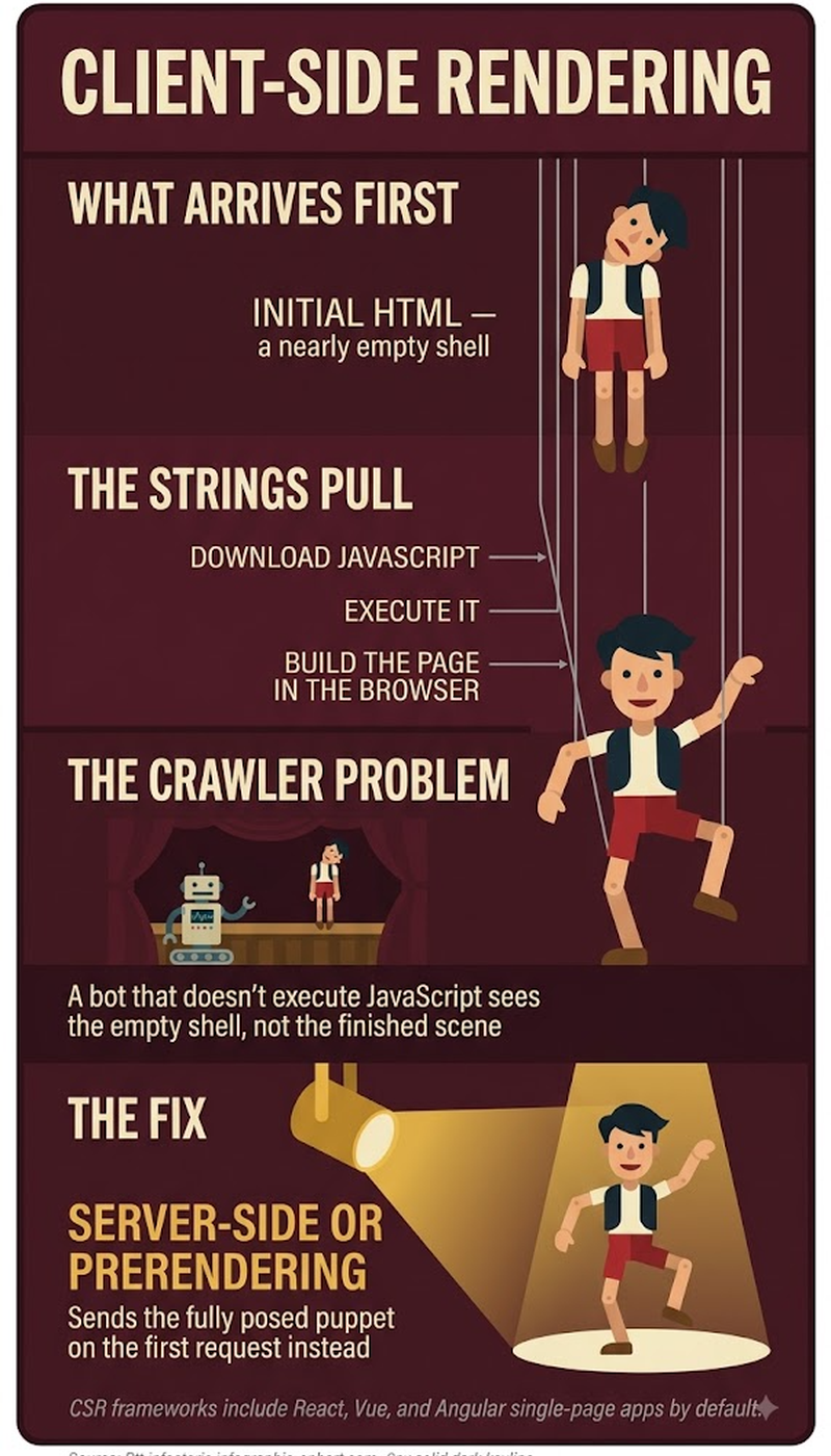 Infographic comparing client-side rendering to server-side rendering for search crawlability
