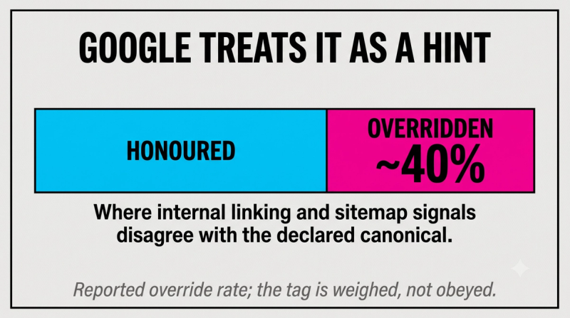 Stat card showing Google overrides the declared canonical tag in roughly 40 percent of conflicting cases