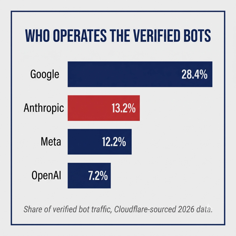 Bar chart of AI bot operator share of verified bot traffic led by Google at 28.4 percent