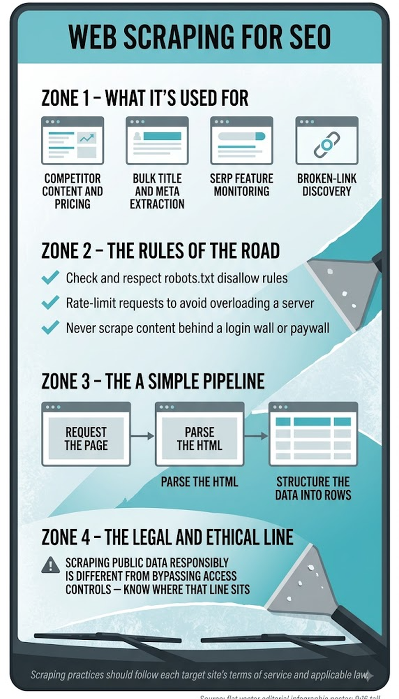 Staying on the legal side of web scraping: public data only, no login walls, respect Terms of Service