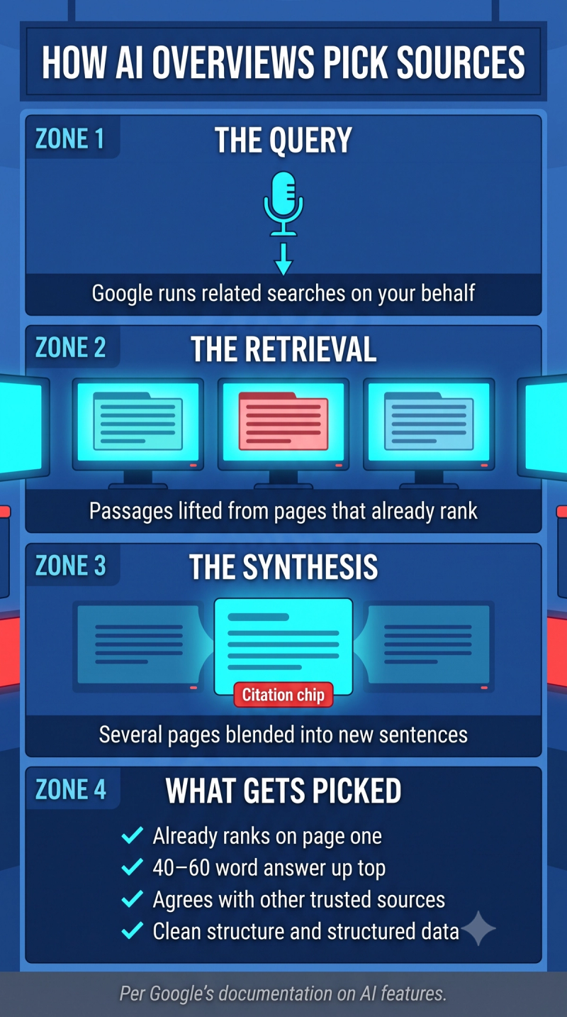 Infographic showing how AI Overviews retrieve passages from ranking pages and blend them into a cited answer
