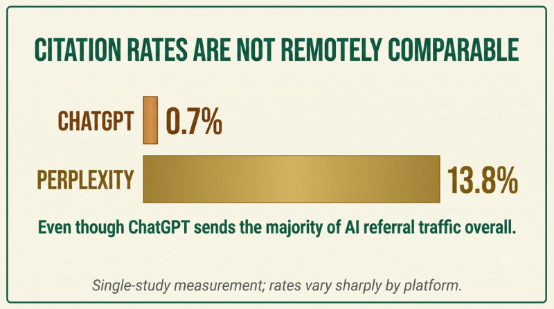 Stat card comparing ChatGPT's 0.7 percent citation rate with Perplexity's 13.8 percent