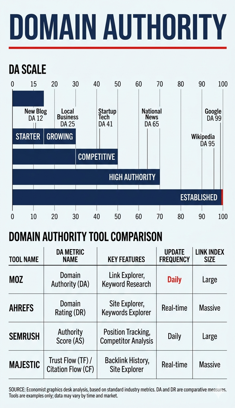 Domain Authority score scale from 0 to 100 showing minimal authority to established authority tiers with example sites