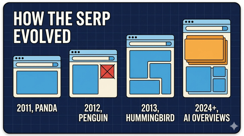 Timeline showing how the Google SERP evolved through the Panda, Penguin, and Hummingbird updates to AI Overviews