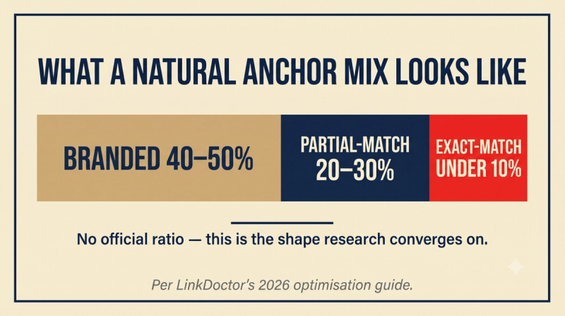 Stat card showing a safe anchor text distribution of 40 to 50 percent branded and under 10 percent exact-match