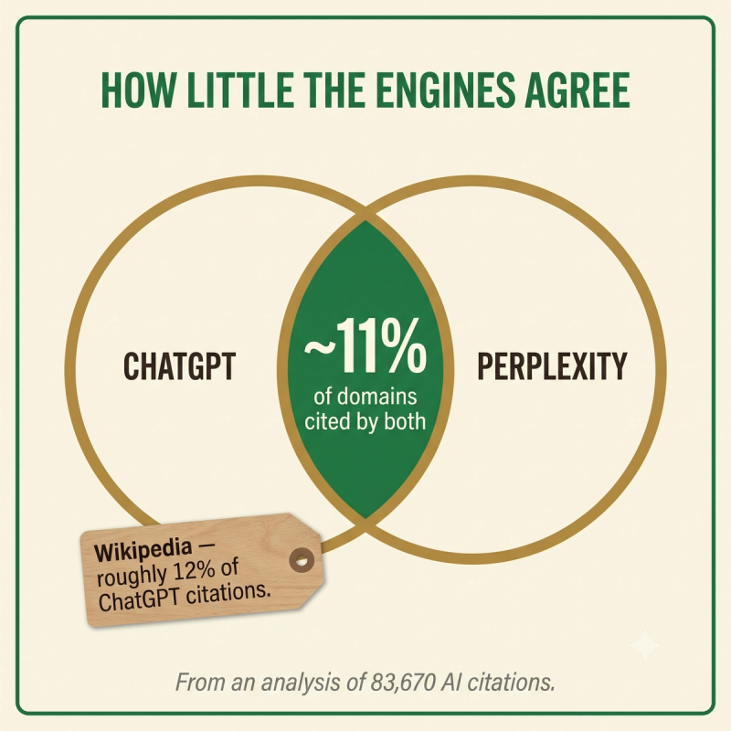 Venn-style card showing only about 11 percent of domains are cited by both ChatGPT and Perplexity