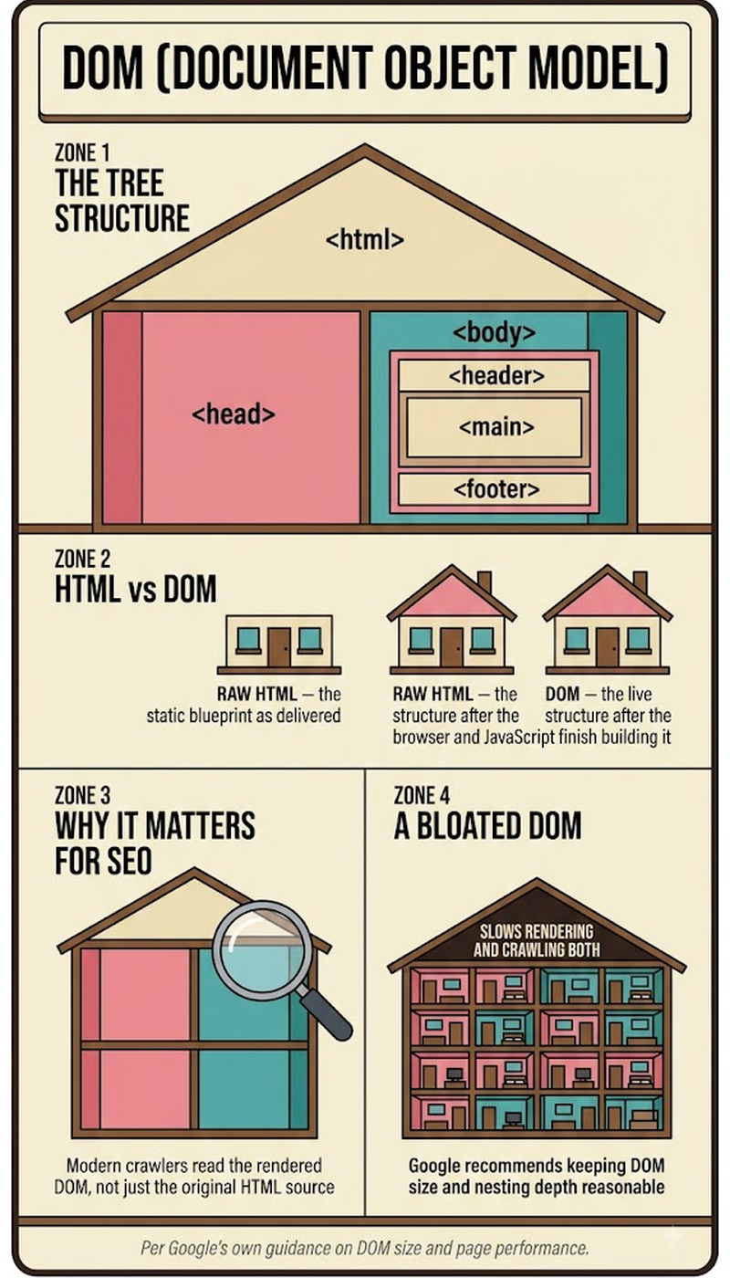Infographic comparing the DOM to raw HTML and how DOM size affects page responsiveness
