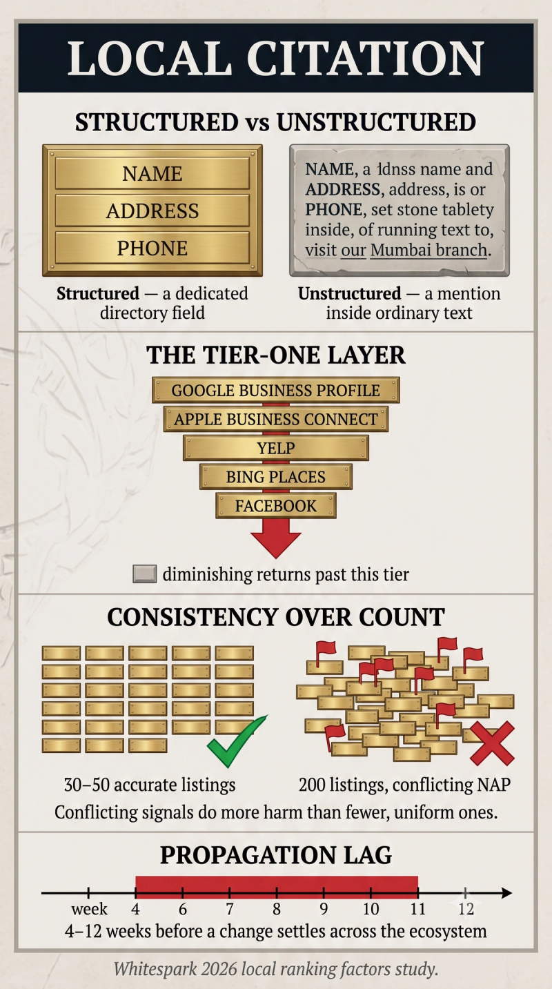 Infographic on local citations covering structured versus unstructured listings, tier-one platforms, NAP consistency, and propagation lag