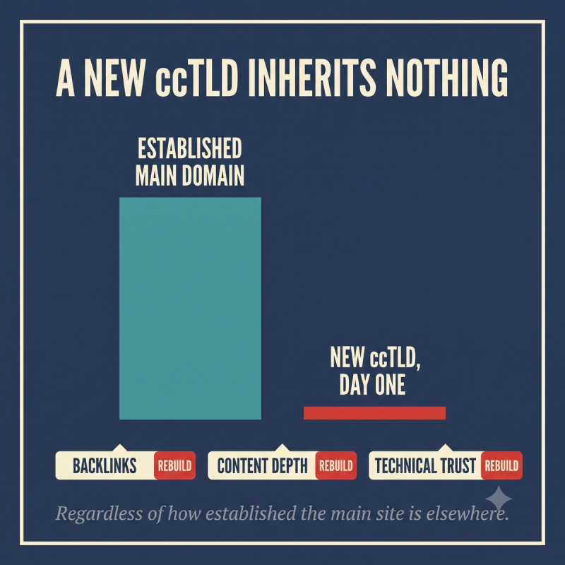 Card showing a new ccTLD starts with no inherited authority from the main domain