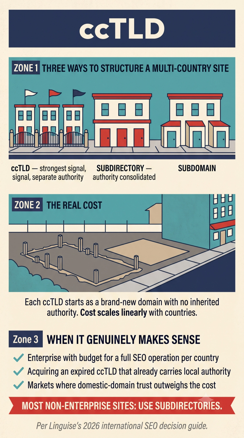 Infographic comparing ccTLDs, subdirectories, and subdomains for international SEO and the cost of separate country domains