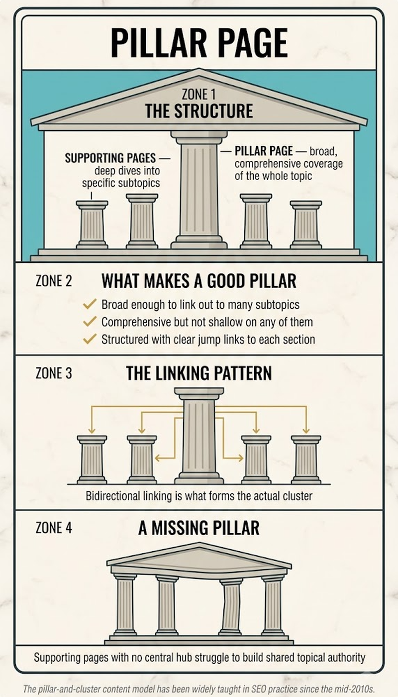 Pillar page structure: a hub page linking out to five or more cluster pages