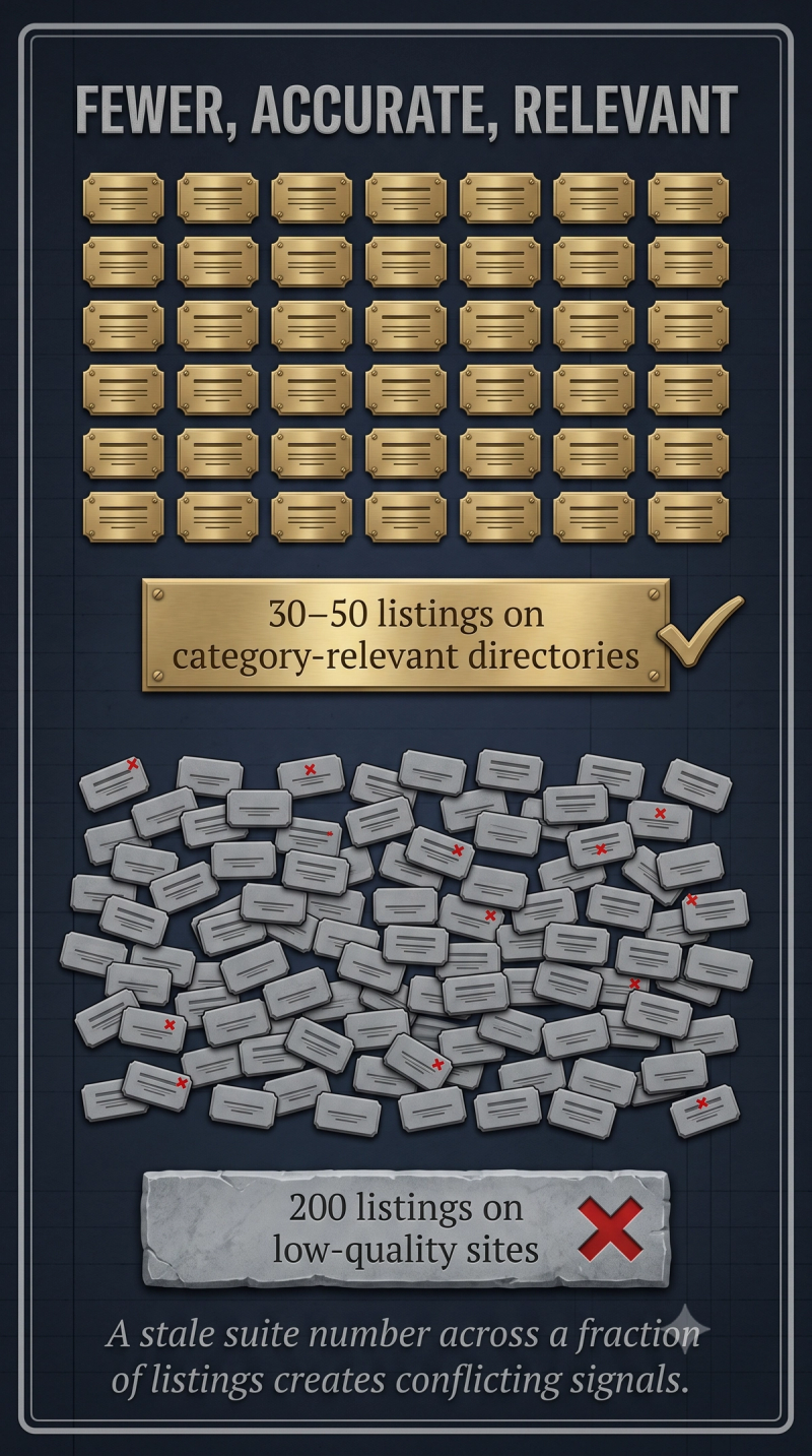 Card showing 30 to 50 accurate local citations outperform 200 listings on low-quality directories