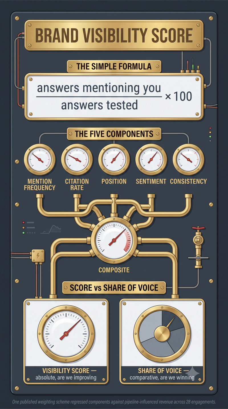 Infographic showing the brand visibility score formula, its five weighted components, and how it differs from share of voice