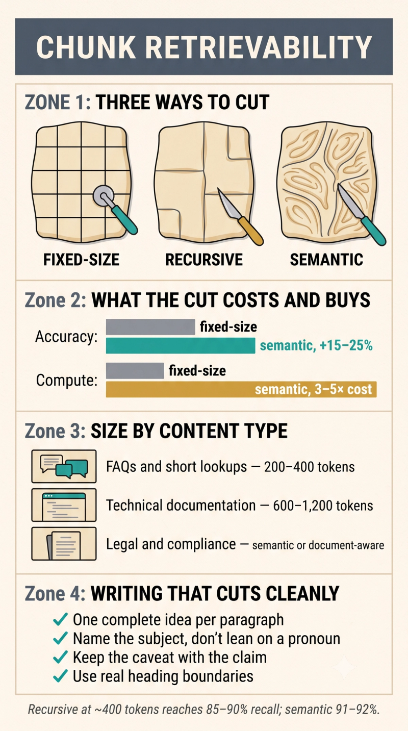 Infographic comparing fixed-size, recursive, and semantic chunking with recommended chunk sizes by content type