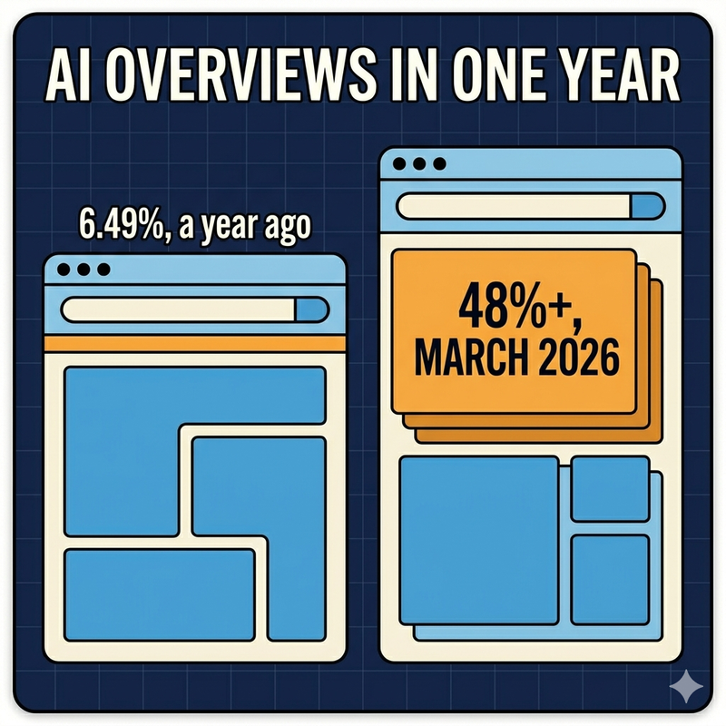 Bar chart showing AI Overviews appearing on 48 percent of Google searches in March 2026, up from 6.49 percent the year before
