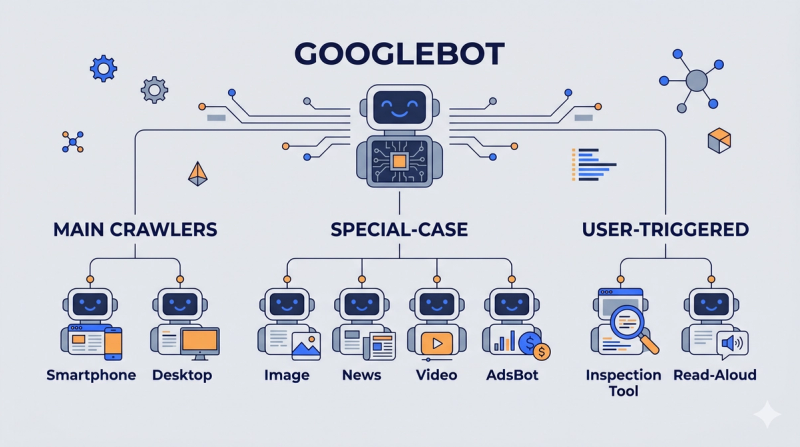 Googlebot is a family of 15+ crawlers in three groups
