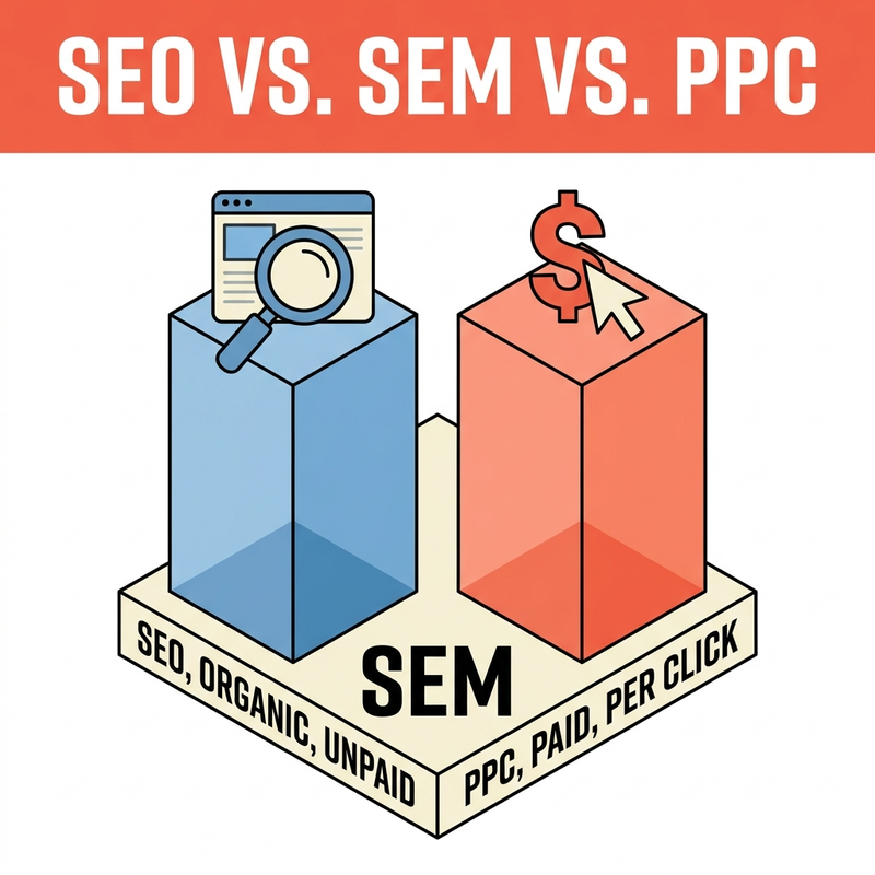 Diagram comparing SEO, SEM, and PPC and how the three relate to each other