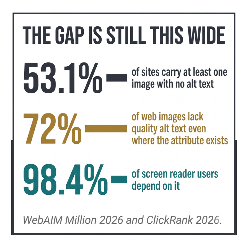 Stat card showing 53.1 percent of sites have images missing alt text and 72 percent lack quality descriptions