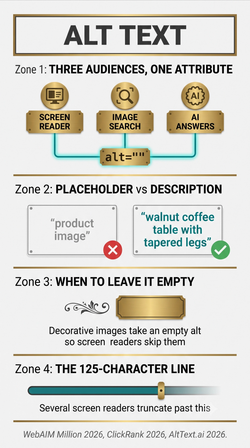 Infographic on writing alt text, showing the three audiences it serves and the difference between a description and a placeholder