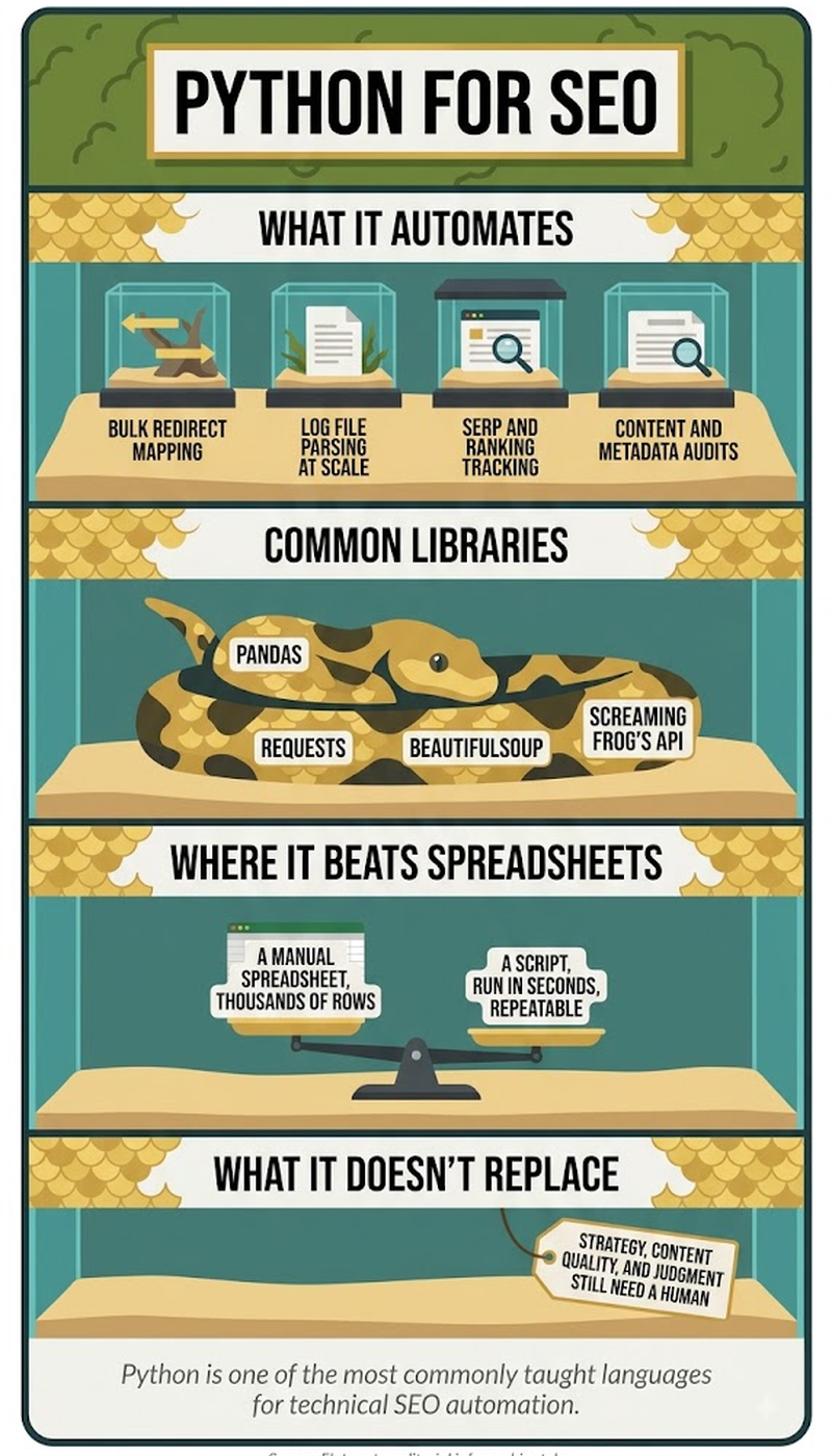 Where Python gets used in SEO work: crawling, log parsing, API data, and keyword clustering