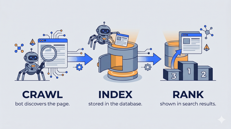 The three-stage search pipeline: crawling, then indexing, then ranking