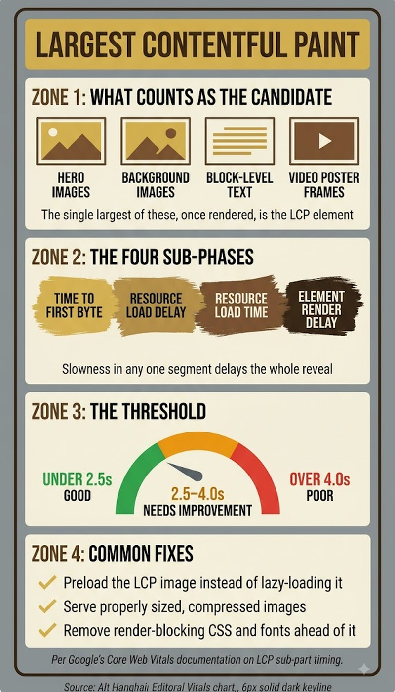LCP score thresholds: 2.5 seconds or under is good, 2.5 to 4 seconds needs improvement, past 4 seconds is poor